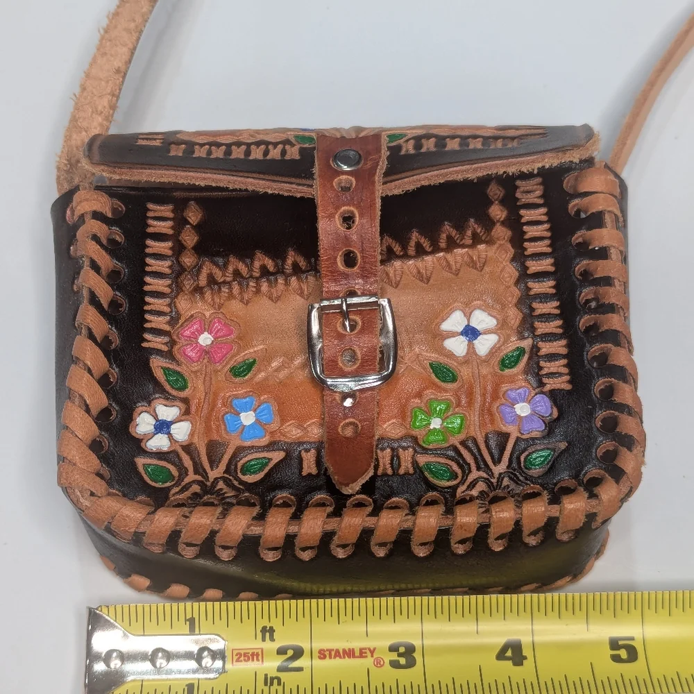 Vintage Leather Hand Tooled/Painted Small Mexican Embossed Floral Should…
